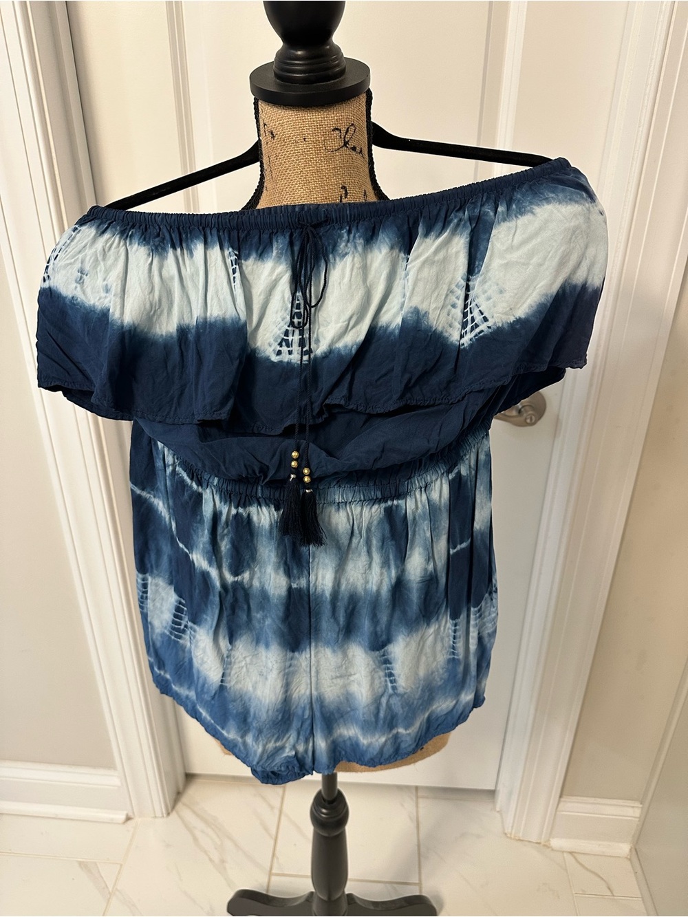 American Eagle Outfitters Navy and White Tie-Dye Off-Shoulder romper S